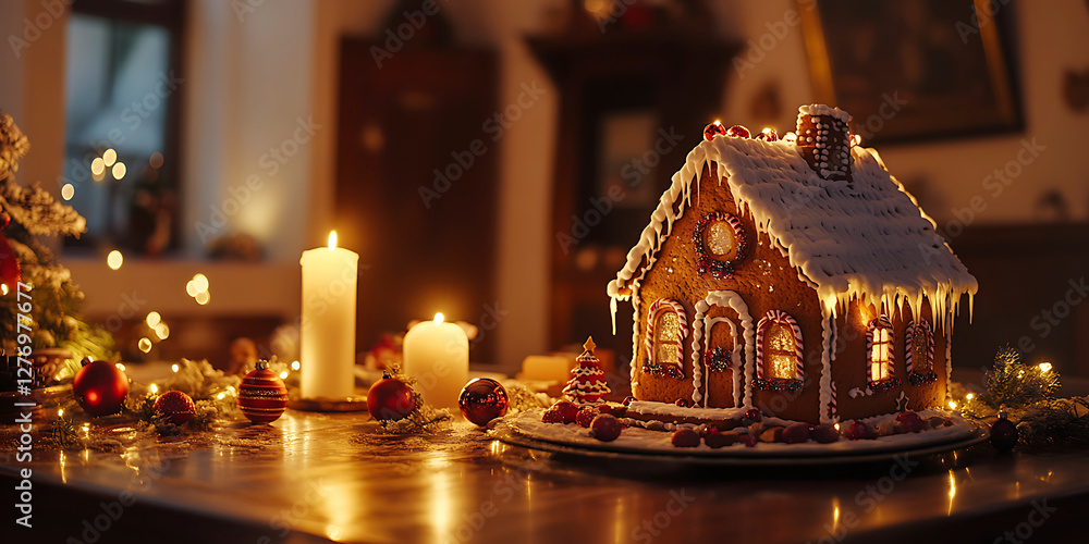 Charming Gingerbread House Decorated for Christmas Warm Holiday Scene Charming Gingerbread House Decorated for Christmas Warm Holiday Scene