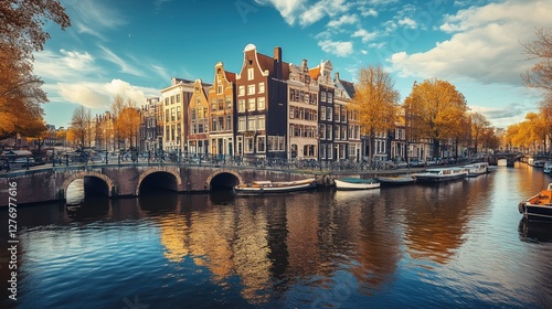 Historic canal bridge in Amsterdam, Netherlands, with bicycles lined up along the water and golden autumn trees framing a picturesque view of traditional Dutch gabled houses in the city.
