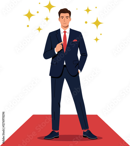 Stylish man in a sharp suit standing confidently on a red carpet with sparkling stars in a minimal vector illustration