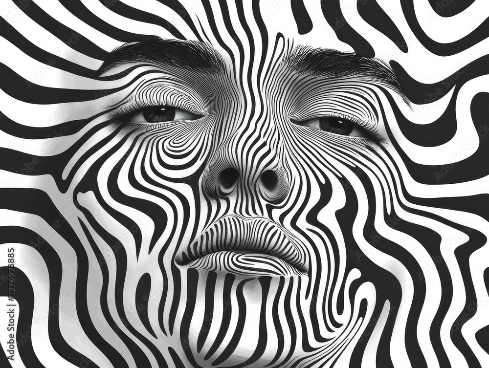 Obraz premium Abstract Face: Black & White Swirls, Optical Illusion Art