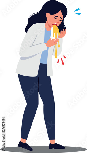 Woman in a white jacket looking distressed while biting a banana in a minimal vector illustration, conveying a humorous and relatable mood in digital art