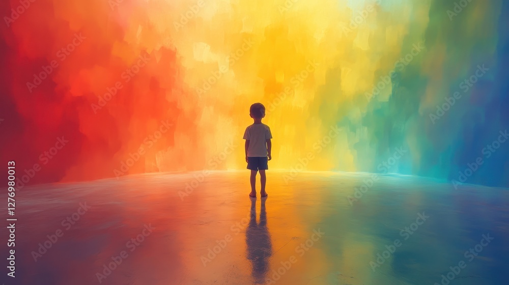 Young boy standing in front of a vivid colorful rainbow wall in an art studio Young boy standing in front of a vivid colorful rainbow wall in an art studio
