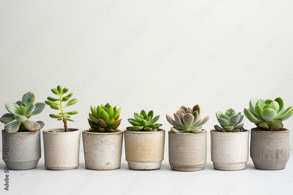 Fototapeta premium A clean, minimalist composition of succulents arranged in a straight row on a white background. 