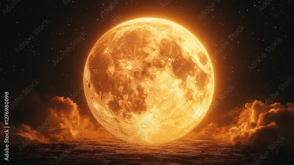 Glowing full moon illuminating a starry sky with clouds at night