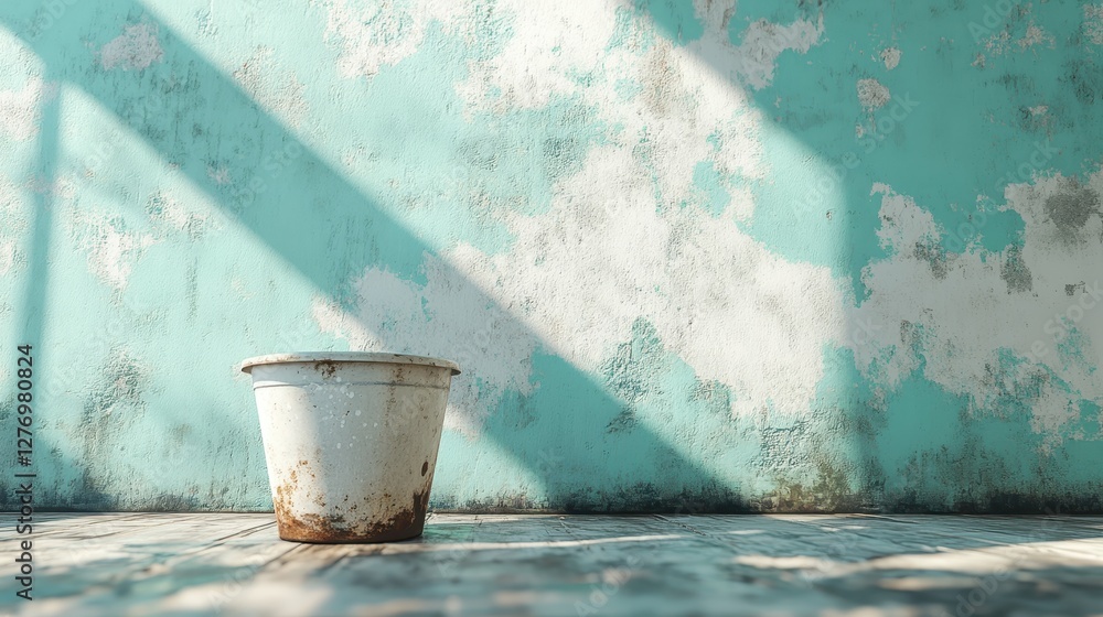 Rusty bucket on sunlit wooden floor against weathered turquoise wall with peeling paint Rusty bucket on sunlit wooden floor against weathered turquoise wall with peeling paint