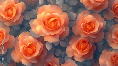 Wallpaper Mural Blooming orange roses with soft petals and leaves in elegant floral pattern Torontodigital.ca
