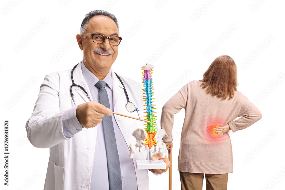 Mature male doctor with a female patient explaining a spine model Mature male doctor with a female patient explaining a spine model