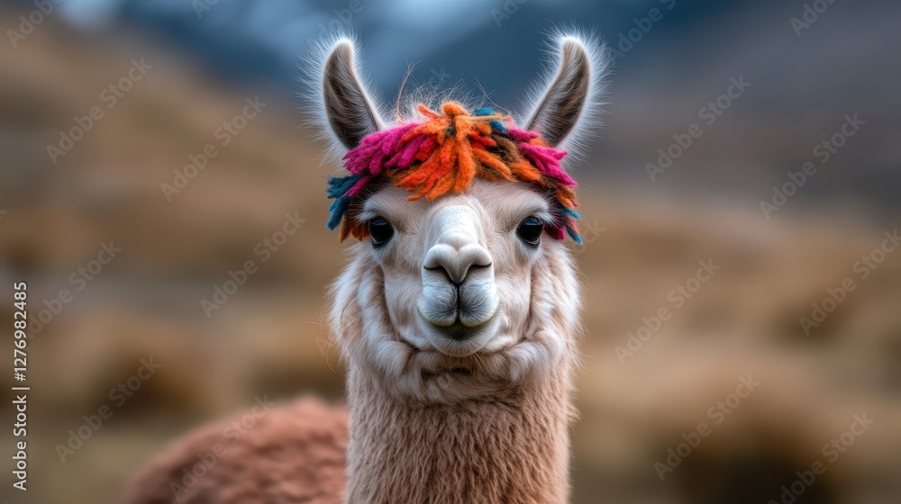 Obraz premium A playful llama adorned with a colorful yarn headband smiles softly at the camera, showcasing both its personality and the lovely backdrop of nature.