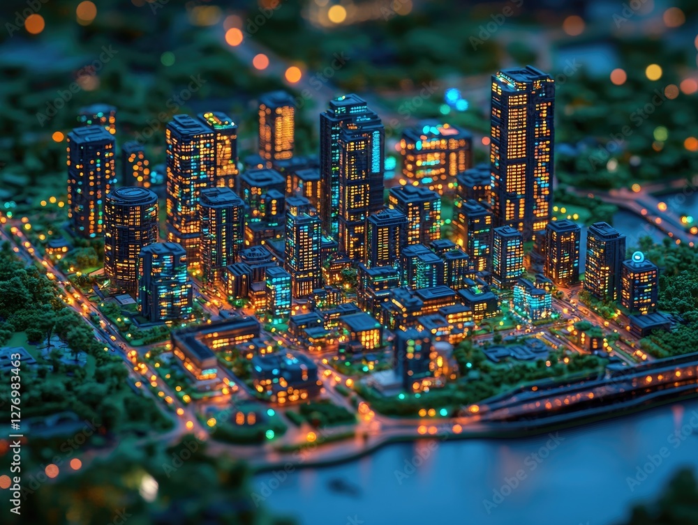 Obraz premium Night City Lights: Urban Skyline Glows Brilliantly at Dusk