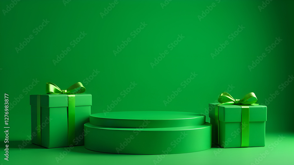Happy saint patpick's day background with cylindrical podium for promotion. Round stage for product sales presentation. Stage pedestal or platform between green gift boxes on green background