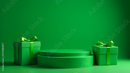 Obraz na płótnie Happy saint patpick's day background with cylindrical podium for promotion. Round stage for product sales presentation. Stage pedestal or platform between green gift boxes on green background w salonie