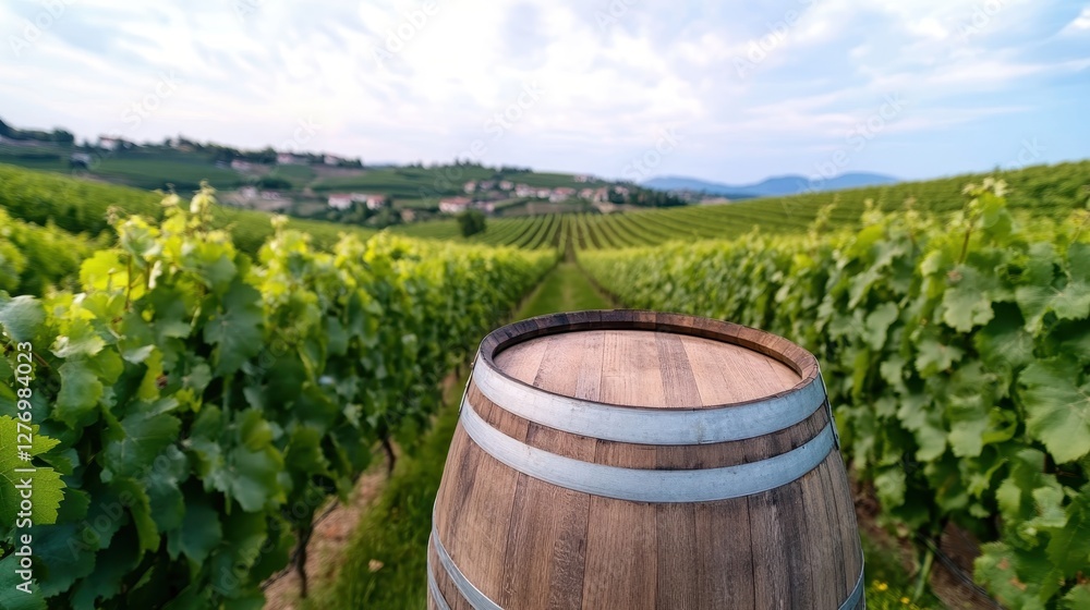 This image captures a rustic wooden barrel set amidst lush green grapevines, symbolizing the beauty and bounty of vineyards in a picturesque landscape. This image captures a rustic wooden barrel set amidst lush green grapevines, symbolizing the beauty and bounty of vineyards in a picturesque landscape.