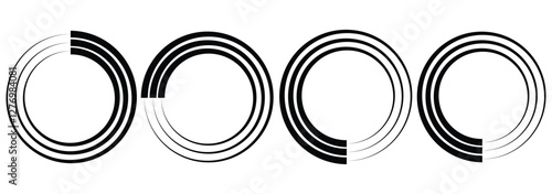 Round sound wave frames, circular lines pattern, radial curvy shapes, geometric concentric design. Flash vector semicircle and spark light effect. Podium, radial platform. Logotype or lettering design