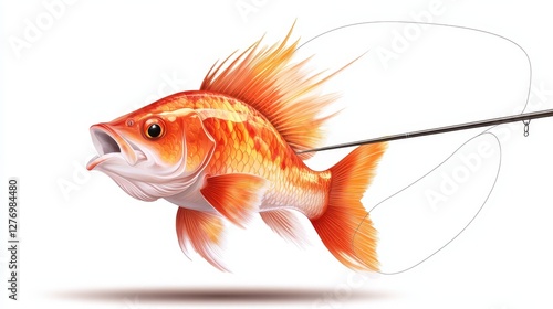 Vibrant orange fish hooked on line with dynamic fins and gills in motion