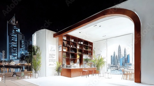 Nighttime Coffee Shop Design Sketch with City View Interior,sketching,copic,water color