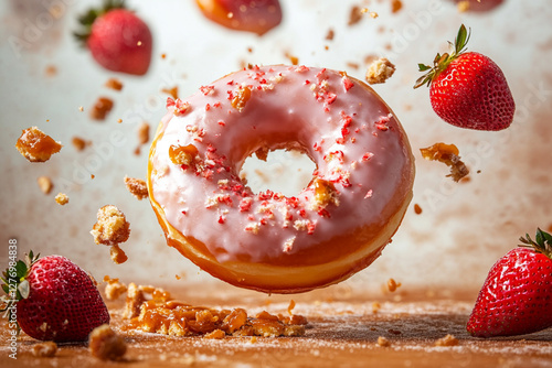 Dynamic photo of falling donut with strawberry glaze and crumbling caramel photo