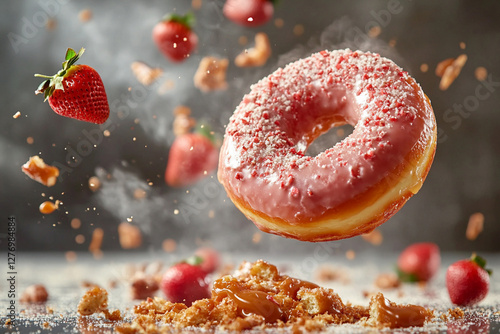 Dynamic photo of falling donut with strawberry glaze and crumbling caramel photo