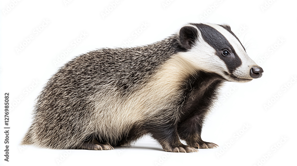 Side view of a standing european badger isolated on a white background.