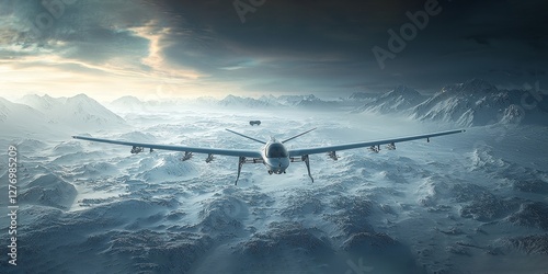 Critical Supply Drop: Drone Flying Over Frozen Landscape Toward Arctic Lab  
