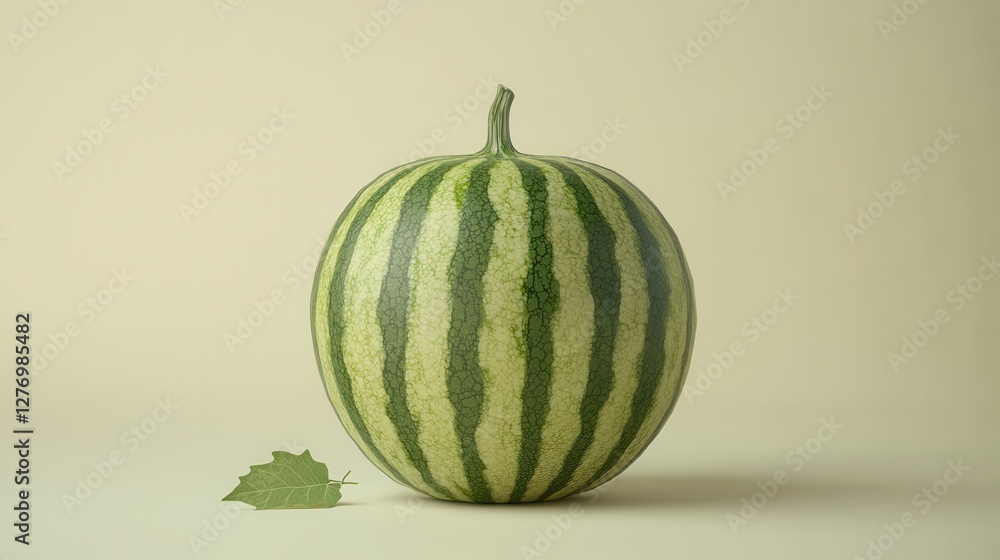 Large green striped watermelon with single green leaf on light background Large green striped watermelon with single green leaf on light background