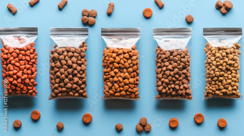 Stylish pet food packaging display featuring various kibble types in bags, showcasing vibrant colors and textures, perfect for pet owners seeking quality nutrition