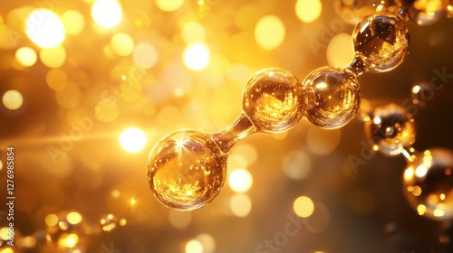 Golden molecules glimmering in vibrant background, representing essence of Vitamin E. luminous orbs create sense of vitality and energy, highlighting their importance in health and beauty