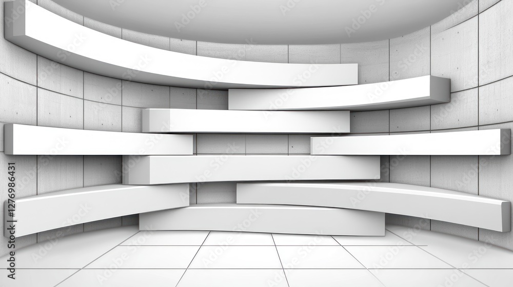 Obraz premium Abstract display white shelves in front of a concrete wall in an empty room for presentation