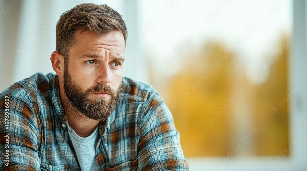 A man wearing a plaid shirt gazes thoughtfully out of the window, expressing contemplation and introspection in his demeanor, creating a serene atmosphere. A man wearing a plaid shirt gazes thoughtfully out of the window, expressing contemplation and introspection in his demeanor, creating a serene atmosphere.