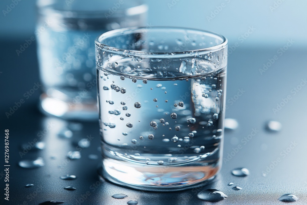 Clear sparkling water in a glass showcasing bubbles on a reflective surface in soft lighting Clear sparkling water in a glass showcasing bubbles on a reflective surface in soft lighting