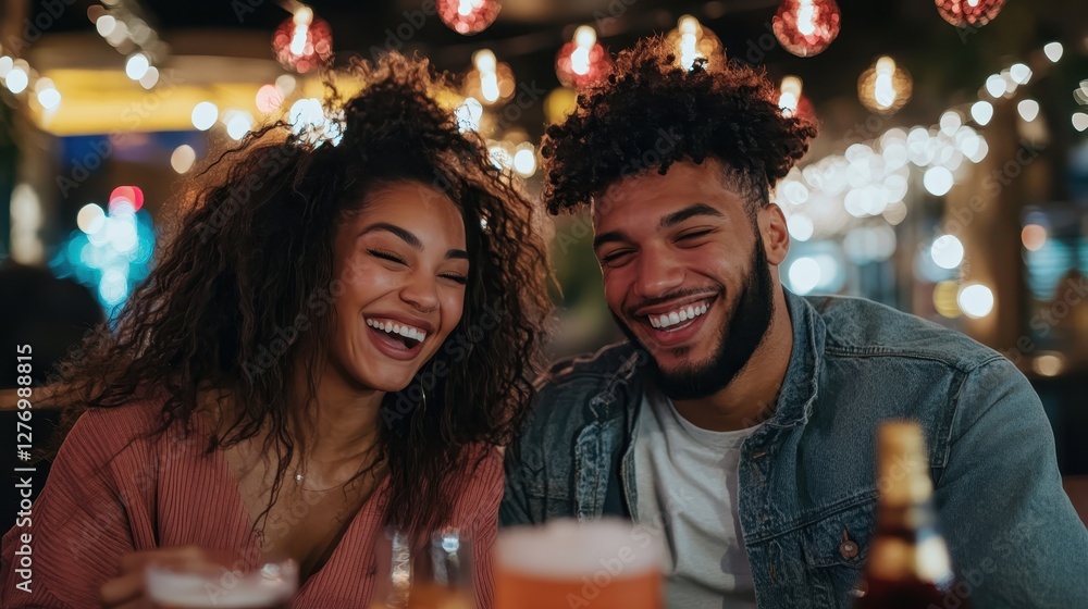 A happy couple is deeply engaged and laughing together over drinks in a lively bar, capturing the warmth of companionship and joy in social settings. A happy couple is deeply engaged and laughing together over drinks in a lively bar, capturing the warmth of companionship and joy in social settings.