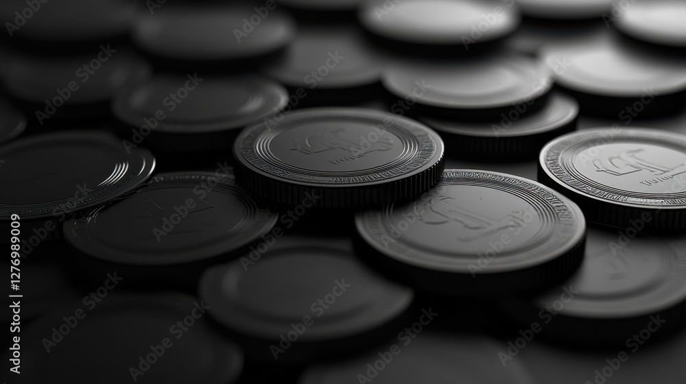Black chocolate coins with abstract patterns in stacked arrangement Black chocolate coins with abstract patterns in stacked arrangement