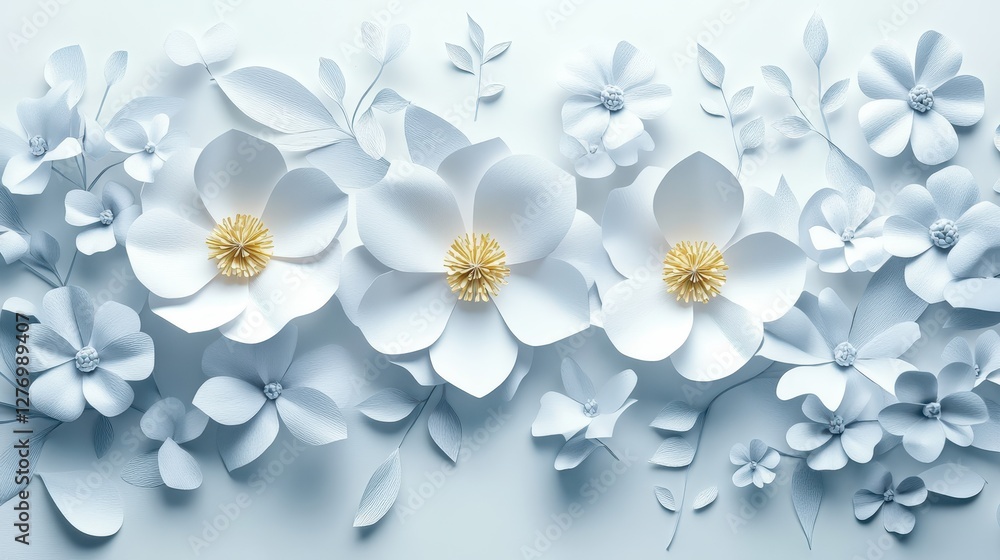 Elegant white and gold paper flowers on soft blue background with leaves and petals Elegant white and gold paper flowers on soft blue background with leaves and petals