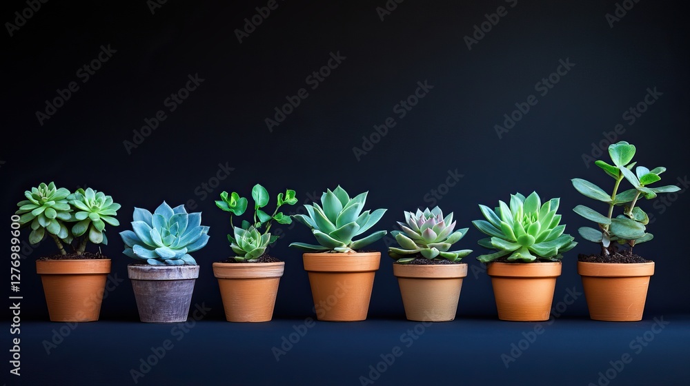 various potted succulents arranged in a neat row on a dark background. various potted succulents arranged in a neat row on a dark background.