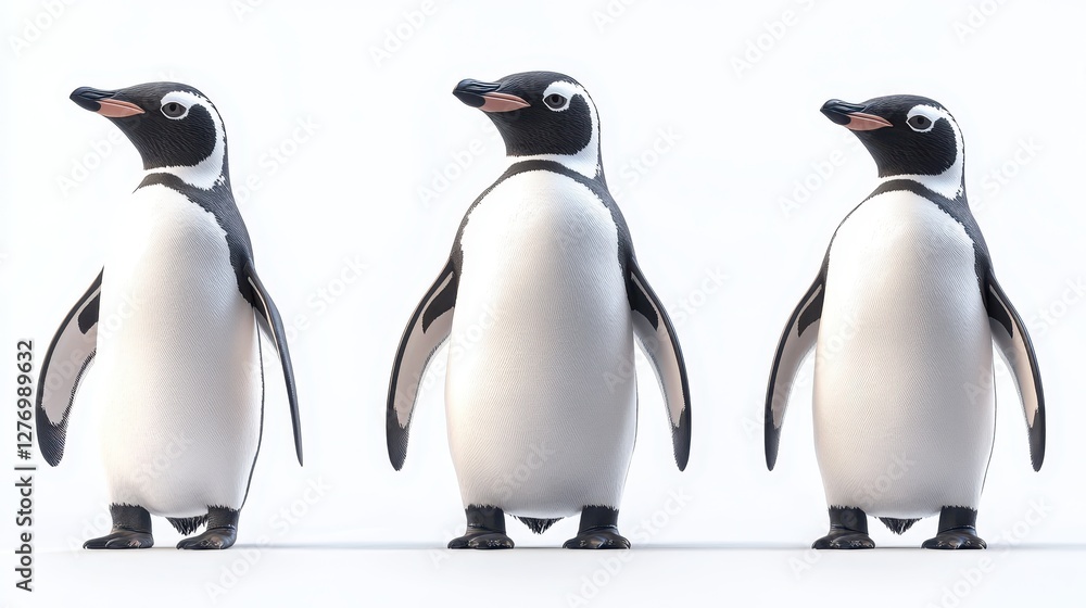 Fototapeta premium Three cute penguins standing in a row on white background in bright light
