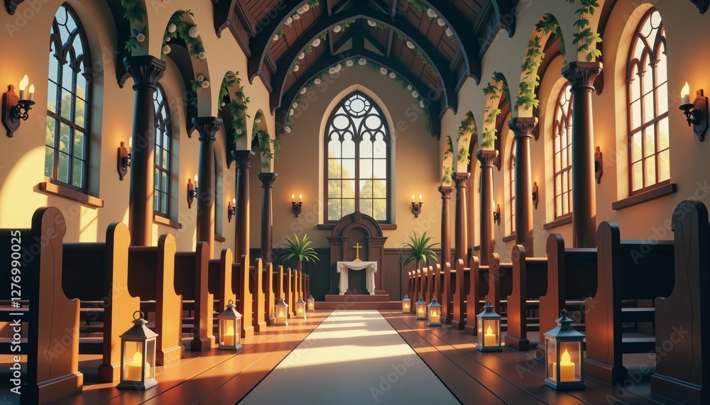 Fototapeta premium Rustic church interior glowing with lanterns, romantic wedding setting