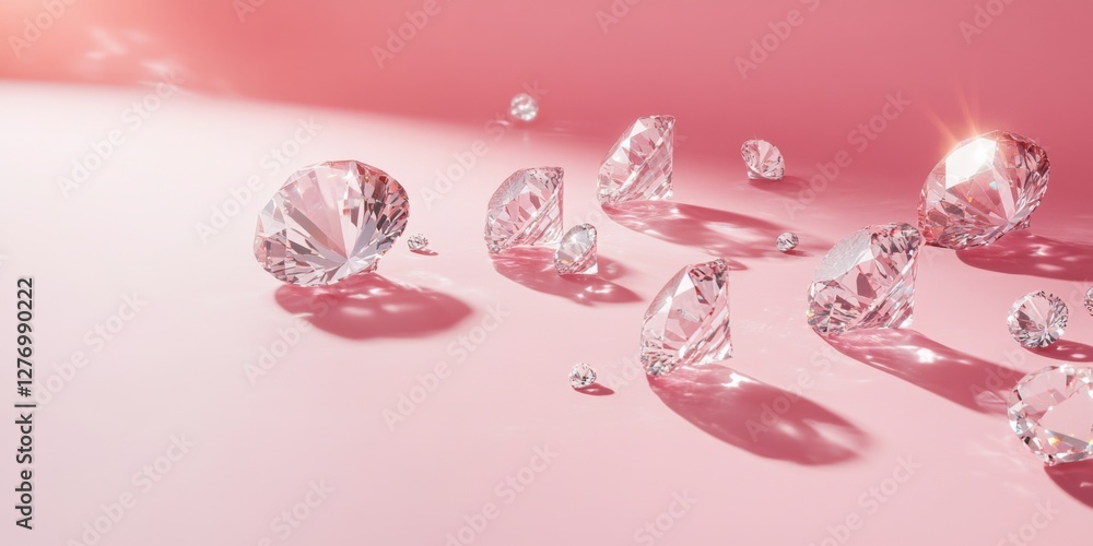 Shiny diamonds scattered on a soft pink surface. Bright reflections create a beautiful and elegant display. The image is perfect for jewelry themes. Delicate and inviting. AI