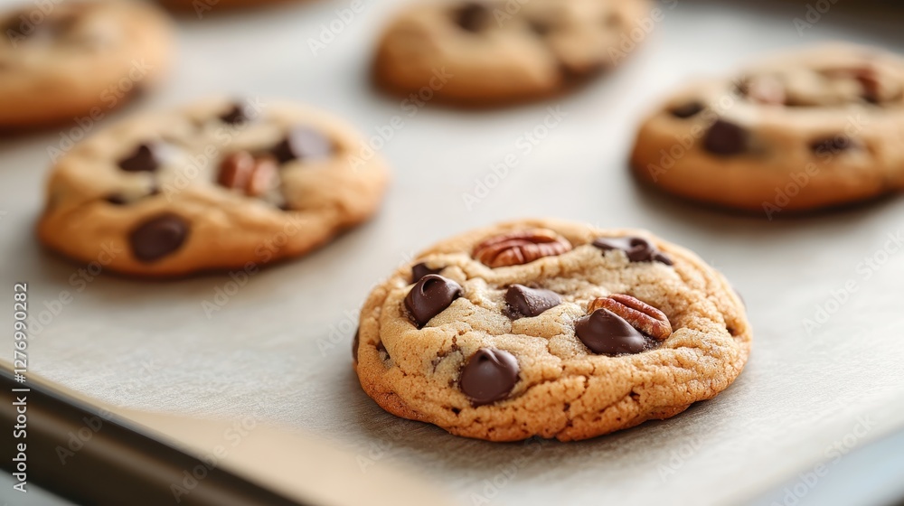 A mouthwatering fresh cookie fills the center of a baking sheet, illustrating its rich chocolate, pecan toppings, and inviting aroma, perfect for dessert imagery. A mouthwatering fresh cookie fills the center of a baking sheet, illustrating its rich chocolate, pecan toppings, and inviting aroma, perfect for dessert imagery.