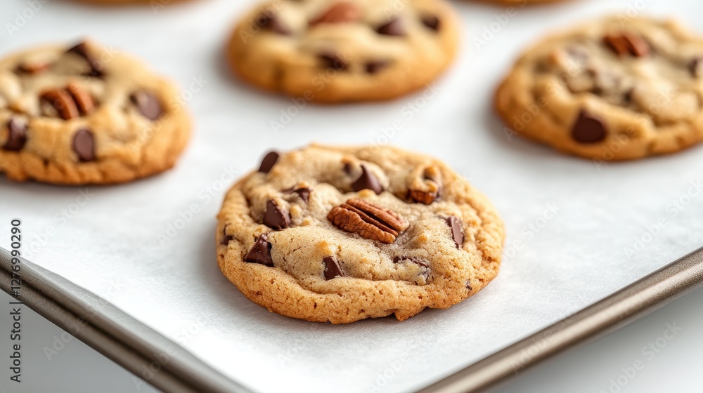 An appetizing scene of freshly baked cookies positioned on parchment paper, showcasing their golden brown edges and chocolate chunks, ideal for a cozy dessert setting. An appetizing scene of freshly baked cookies positioned on parchment paper, showcasing their golden brown edges and chocolate chunks, ideal for a cozy dessert setting.