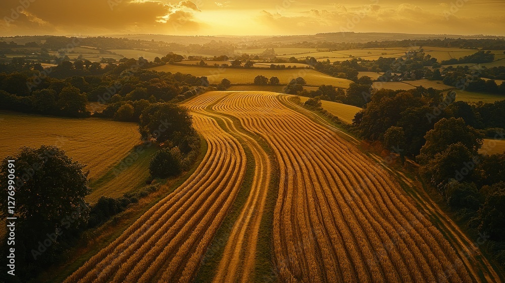 Fototapeta premium Golden fields, aerial view, sunrise, countryside