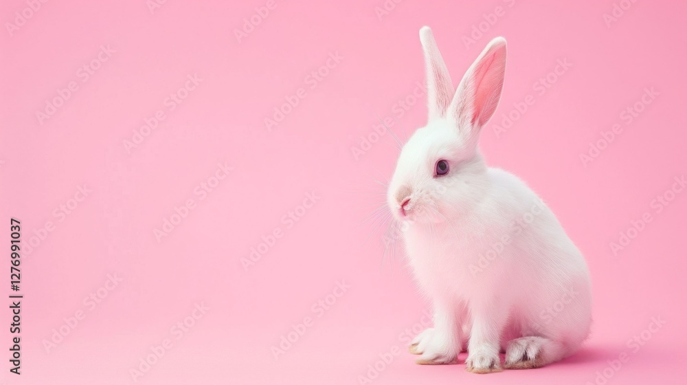 White rabbit pick up on a light pink background with copy space. Easter minimalistic concept with copy space. White rabbit pick up on a light pink background with copy space. Easter minimalistic concept with copy space.