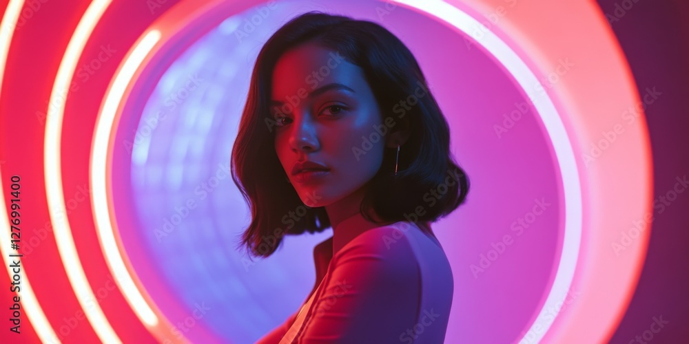 A captivating portrait of a woman against a backdrop of colorful neon lights. The image combines beauty and artistic flair, ideal for fashion or lifestyle themes. AI A captivating portrait of a woman against a backdrop of colorful neon lights. The image combines beauty and artistic flair, ideal for fashion or lifestyle themes. AI