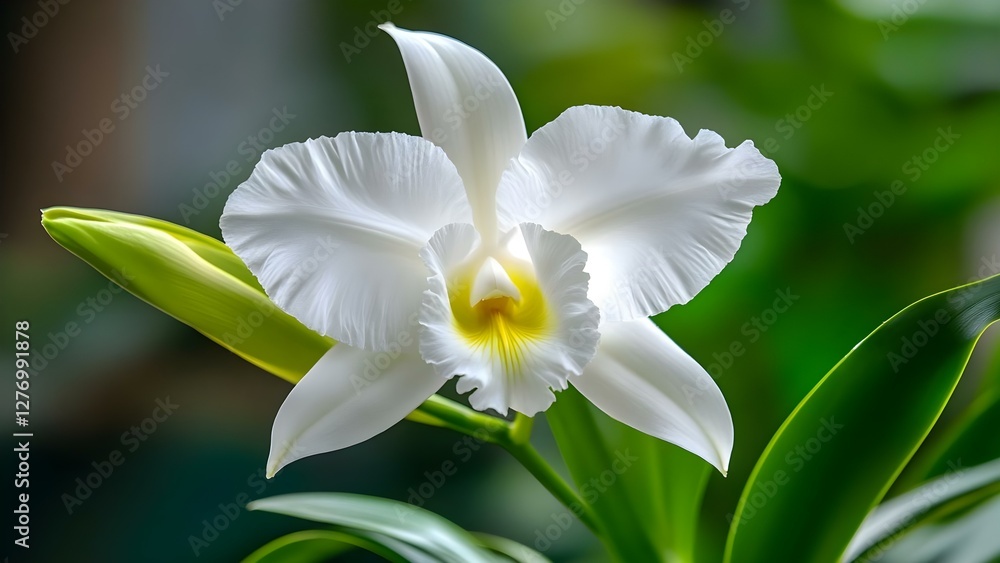 Fototapeta premium A delicate white orchid flower with a vibrant yellow center, surrounded by lush green leaves. Concept Orchid Photography, Floral Details, Nature's Beauty, Botanical Art, Greenery Backdrop