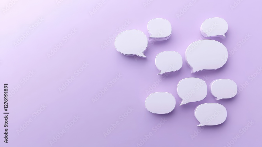Floating white speech bubbles on light purple background representing communication and dialogue Floating white speech bubbles on light purple background representing communication and dialogue