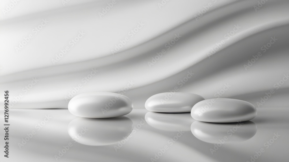 Three smooth white stones on reflective surface with flowing background fabric Three smooth white stones on reflective surface with flowing background fabric