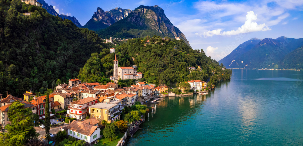 Italy, most beautiful scenic villages near lake . Lago di Lugano, beautiful valley Valsolda and charming traditional village San Mamete. Border with Switzerland. aerial panoramic view
