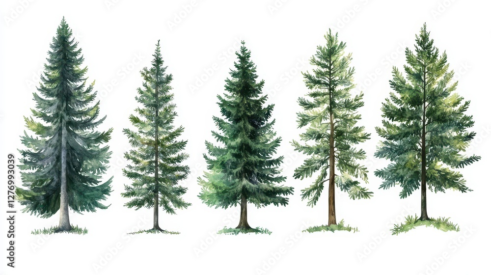 Five different evergreen trees in watercolor style on white background Five different evergreen trees in watercolor style on white background