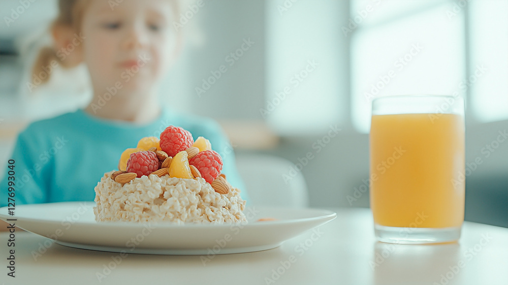 Nutritious breakfast with fresh fruit and juice on a table, with a child in the background. Concept of healthy eating, balanced diet, and morning routine. Nutritious breakfast with fresh fruit and juice on a table, with a child in the background. Concept of healthy eating, balanced diet, and morning routine.