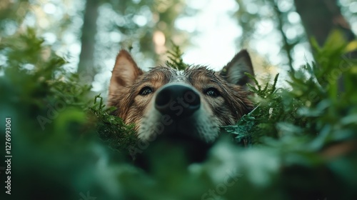 A playful dog resting amidst lush green ferns, emanating a sense of calmness and connection to nature, reminding us of the joy in simple moments. photo