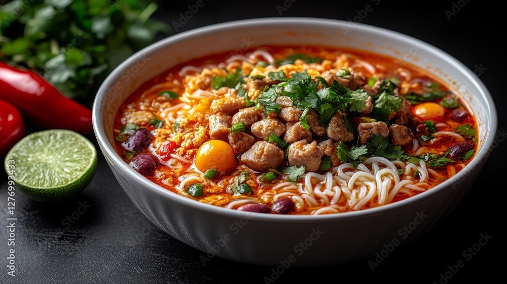 Spicy Asian Noodle Soup with Pork and Vegetables. Generative AI Spicy Asian Noodle Soup with Pork and Vegetables. Generative AI