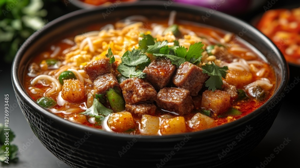 Savory Beef and Potato Noodle Soup with Fresh Herbs. Generative AI Savory Beef and Potato Noodle Soup with Fresh Herbs. Generative AI